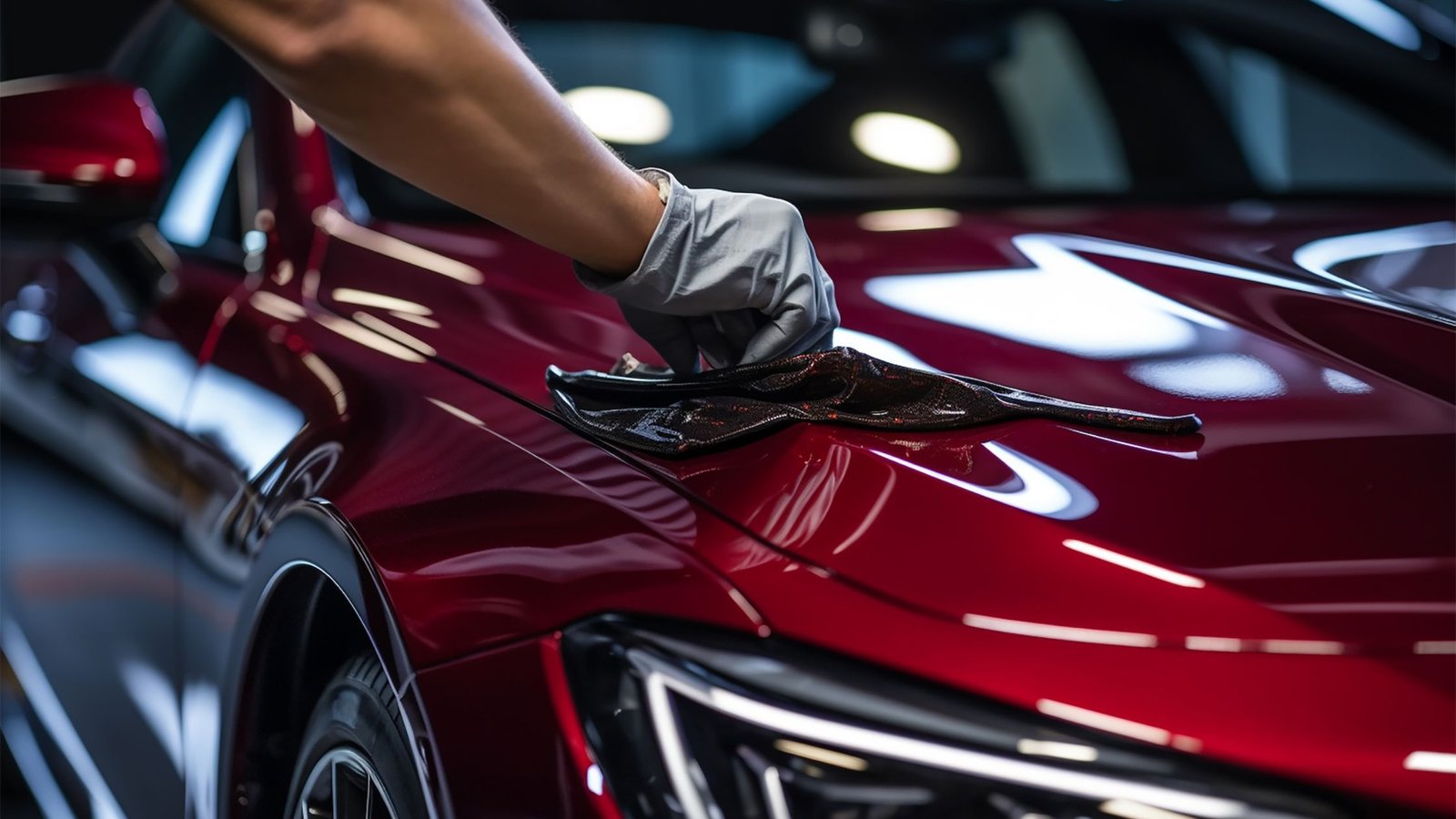 Person applying ceramic coating to a glossy red car hood, showcasing professional detailing services for automotive appearance enhancement.