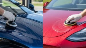 Hands applying ceramic coating to blue and red vehicles, showcasing professional detailing service for paint protection and enhancement.