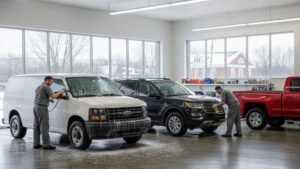 Two technicians detailing commercial vehicles in a bright garage, featuring a white van, a black SUV, and a red pickup truck, highlighting professional fleet maintenance services in West Boylston.