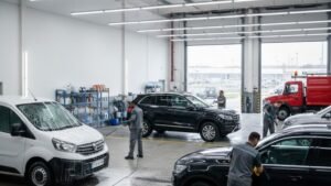 Interior of a fleet detailing service facility in West Boylston, featuring staff cleaning vehicles, including a white van and a black SUV, with equipment and tools visible in the background, emphasizing professional vehicle maintenance.