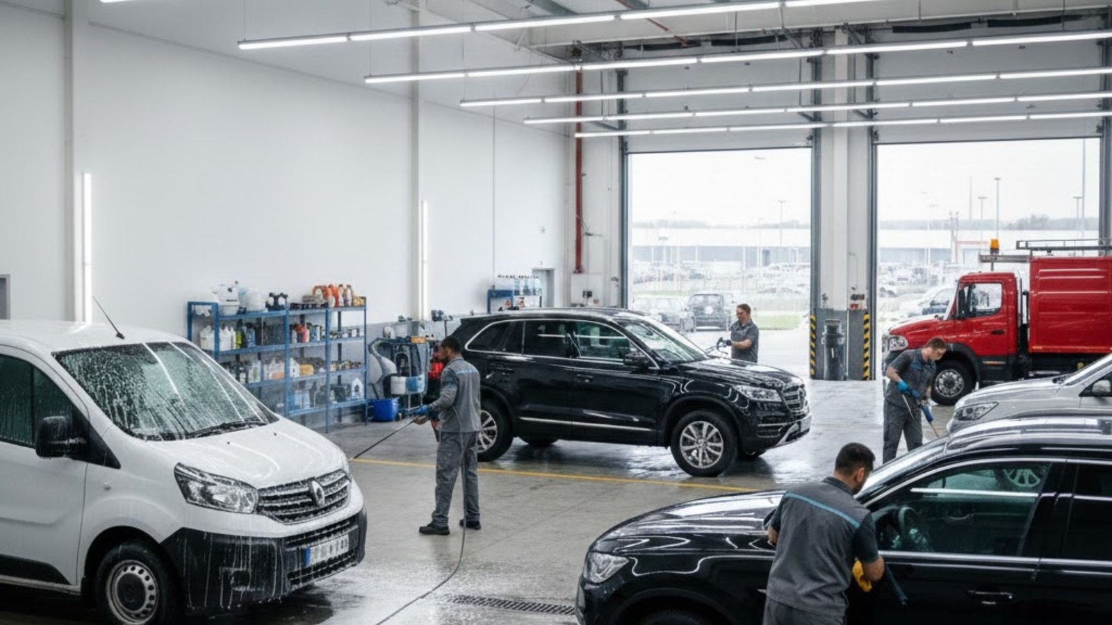 Fleet detailing service in a modern garage with workers cleaning vehicles, including a white van and a black SUV, showcasing professional equipment and organized supplies for vehicle maintenance.