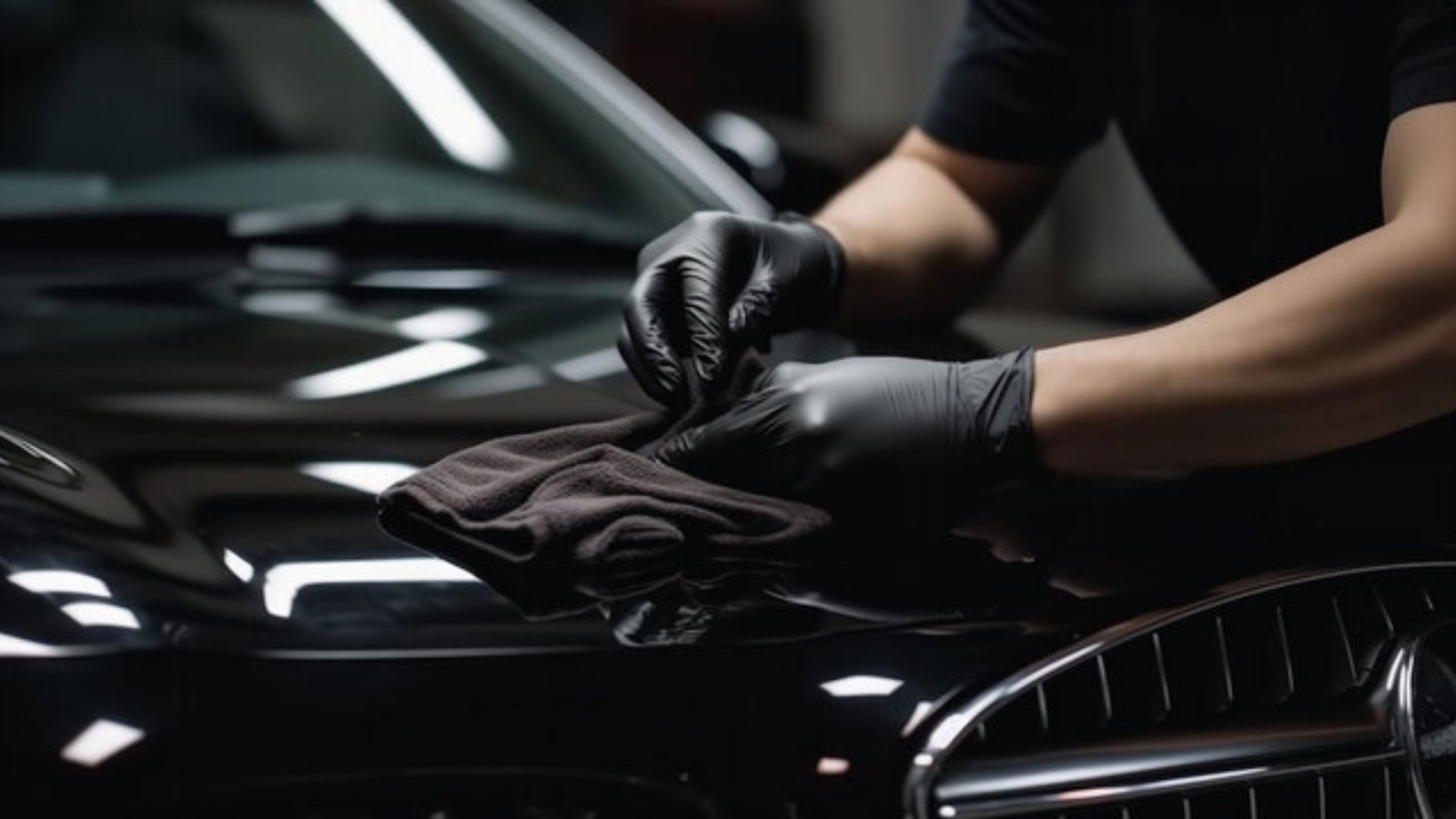 Person wearing black gloves polishing a black car hood with a microfiber cloth, illustrating paint correction service.